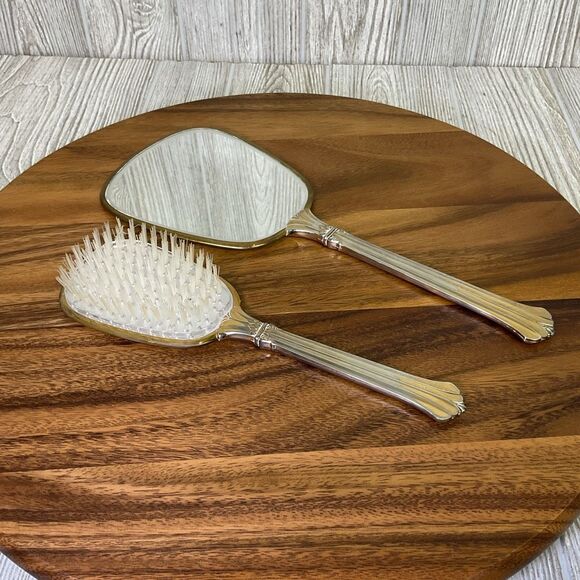 Lot of 2 Vanity Dresser Sets Matching Hand Mirror and Hair Brush Vintage 1950s B - Picture 7 of 10